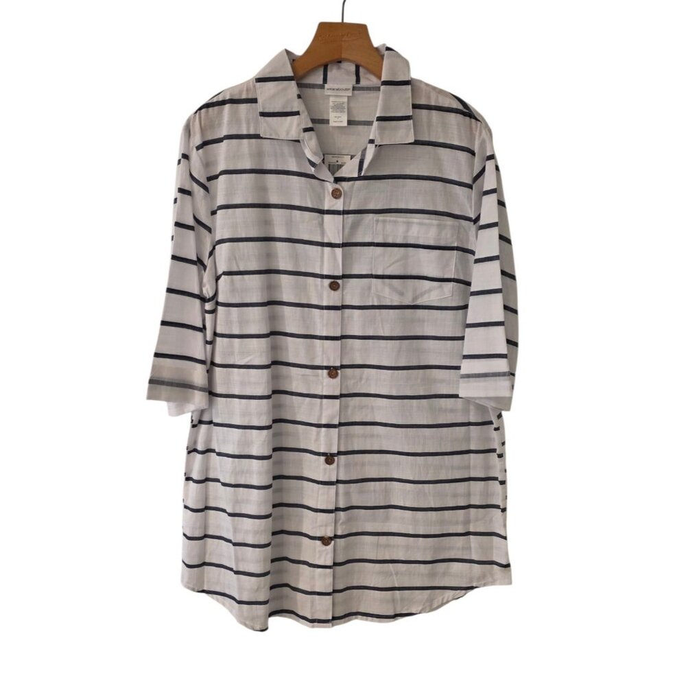 Whereabouts Tunic Blouse Button Up Blue White Striped 3/4 Slv Womens Medium NEW